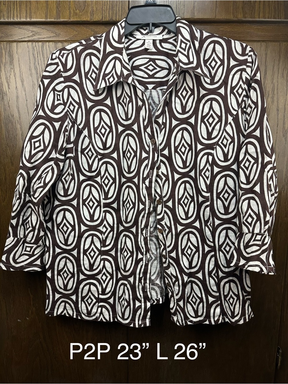 Women’s 100% Linen Brown and White Geometric Button-Up Shirt